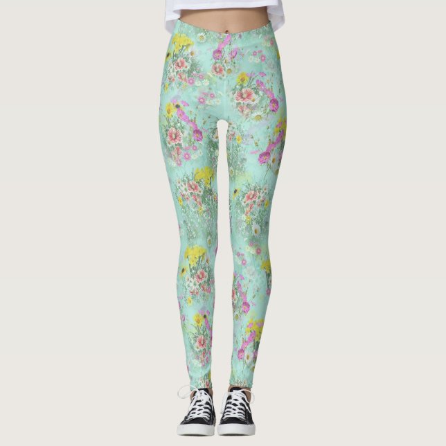 Retro Meadow Classic Flowers Leggings (Framsida)