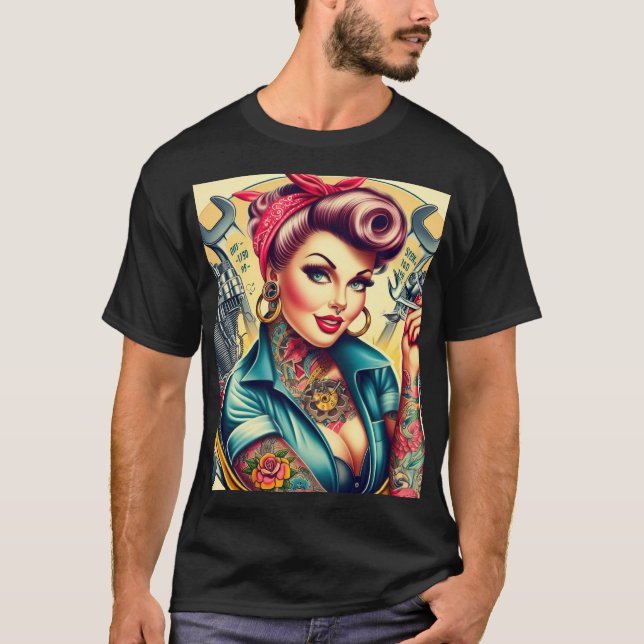 Retro Mechanic Girl T Shirt (Framsida)