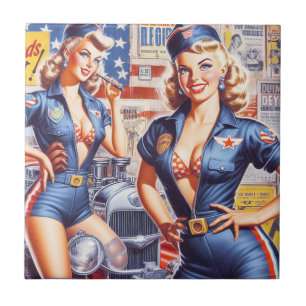 Retro Mechanic Pin-up Kakelplatta