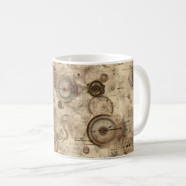 Retro Mekanisk Ritning Sepia Brun Kaffemugg (Framsida höger)