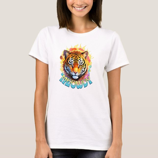 Retro Meowdy Tiger med Flowers T Shirt (Framsida)