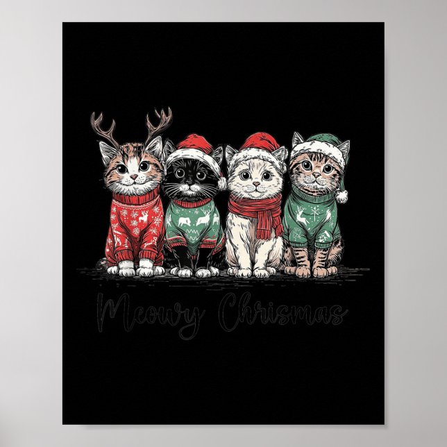 Retro Meowy Christmas Cute Cats With Santa Claus H Poster (Framsidan)