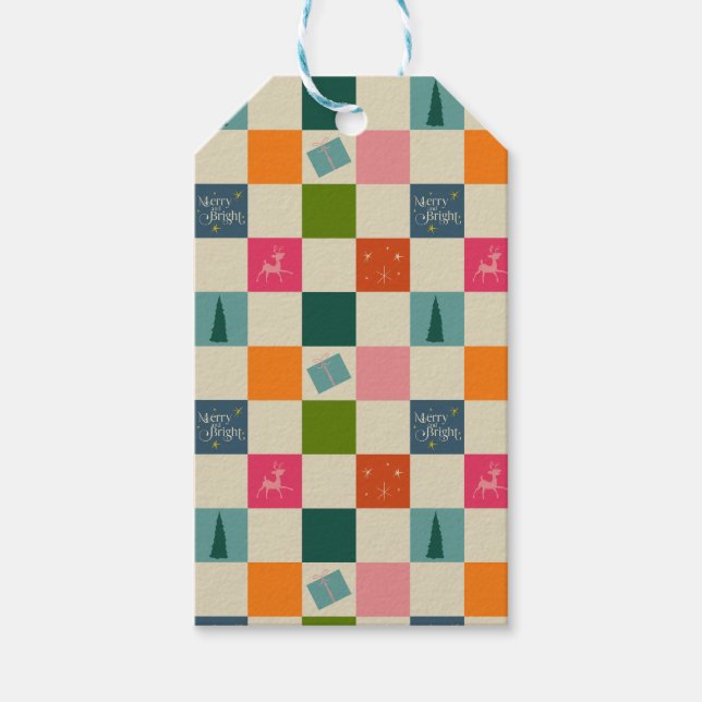 Retro Merry and Bright Christmas Wrapping Paper Presentetikett (Framsidan)