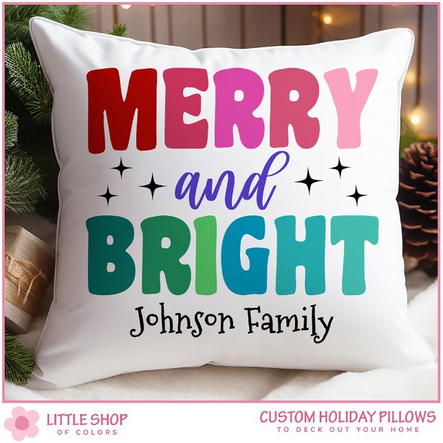 Retro Merry and Bright Customizable Name Christmas Kudde (Skapare uppladdad)