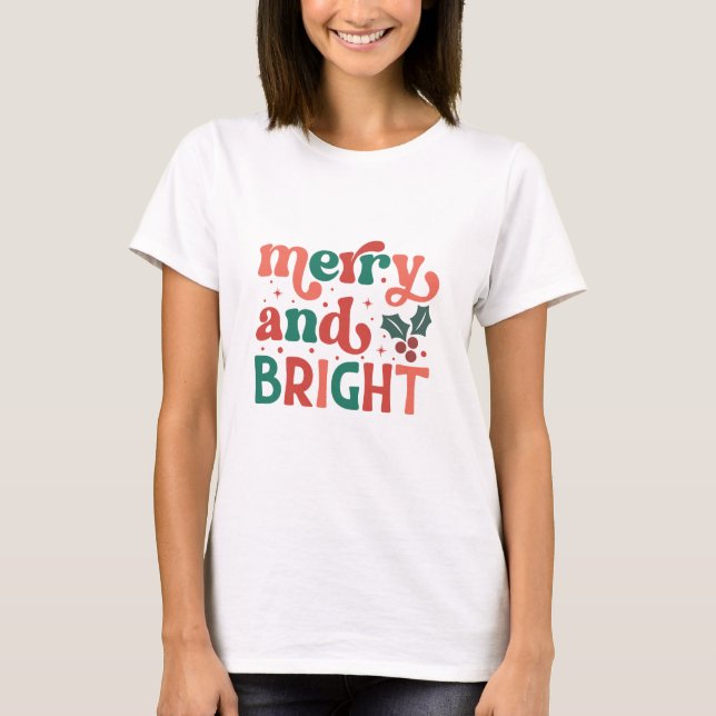 Retro Merry & Bright jultypografi T Shirt (Framsida)