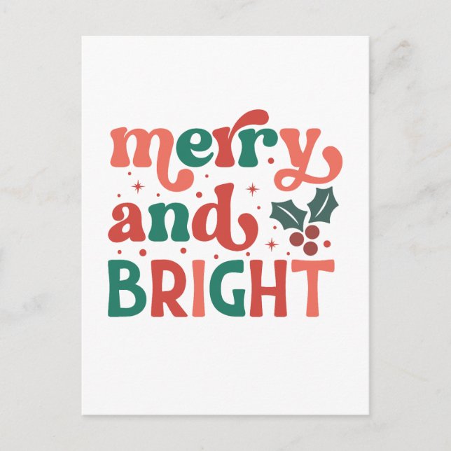 Retro Merry & Bright jultypografi Vykort (Framsida)