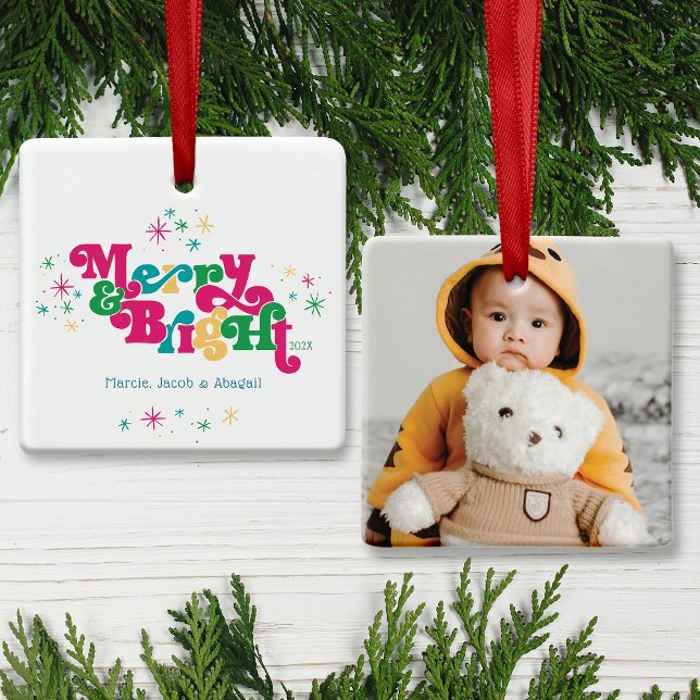 Retro Merry & Bright Photo Ceramic Ornament (Skapare uppladdad)