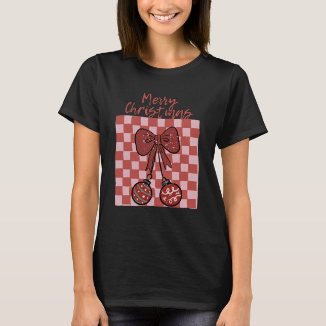 Retro Merry Christmas Bow and Ornaments Design T Shirt (Framsida)