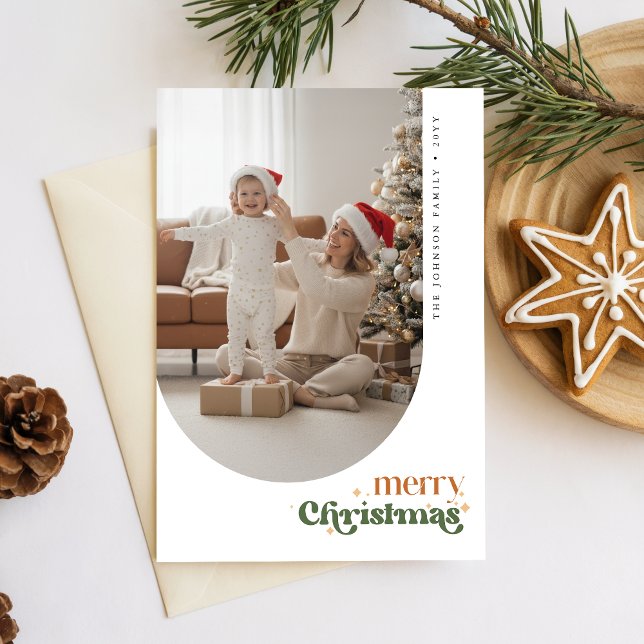 Retro Merry Christmas Happy Family Photo Greeting Julkort (Skapare uppladdad)