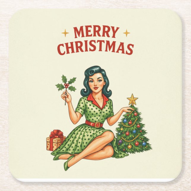 Retro Merry Christmas Pin-Up Paper Coaster Underlägg Papper Kvadrat (Framsidan)