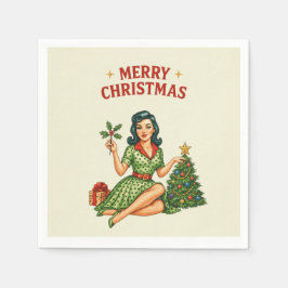 Retro Merry Christmas Pin-Up Paper Napkin  Pappersservett