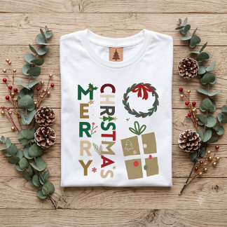 Retro Merry Christmas Typographic Wreath and Gift T Shirt