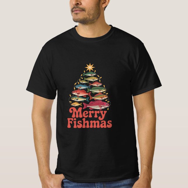 Retro Merry Fishmas Fisherman Christmas Humor T Shirt (Framsida)