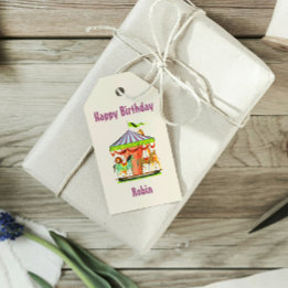 Retro Merry-Go Round Child Namn Grattis på födelse Presentetikett