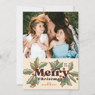 Retro Merry Holly Photo Julkort