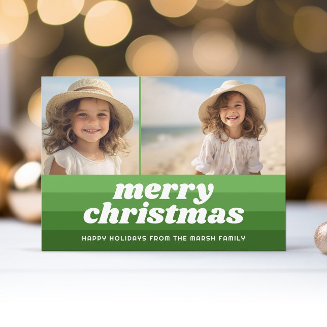 Retro Merry Line Art-Grönt - 2 foto - 70:s visare Julkort (Retro Stripe Christmas Card with 2 Photos - Vibrant Olive Green Shades - Print and Download Option)
