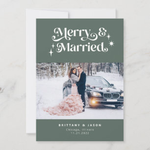 Retro Merry & Married Minimalist Photo Grönt Julkort