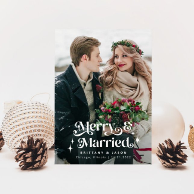 Retro Merry & Married Photo Overlay Text Julkort (Skapare uppladdad)