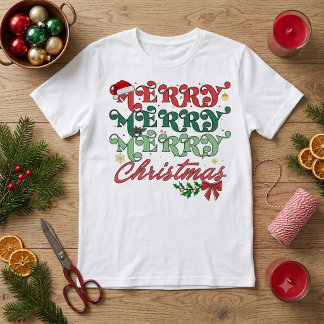 Retro Merry Merry Merry Christmas Groovy Typograph T Shirt