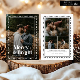 Retro Merry och Bright Frimärke-familjens foto Julkort