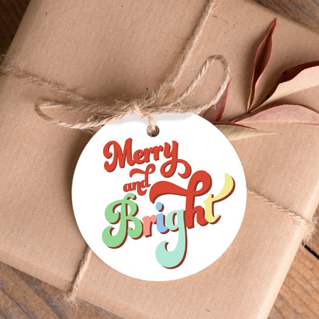 Retro Merry och Bright Jul Anpassningsbar Gåvor Etiketter (Merry and Bright Custom Christmas gift tag.)