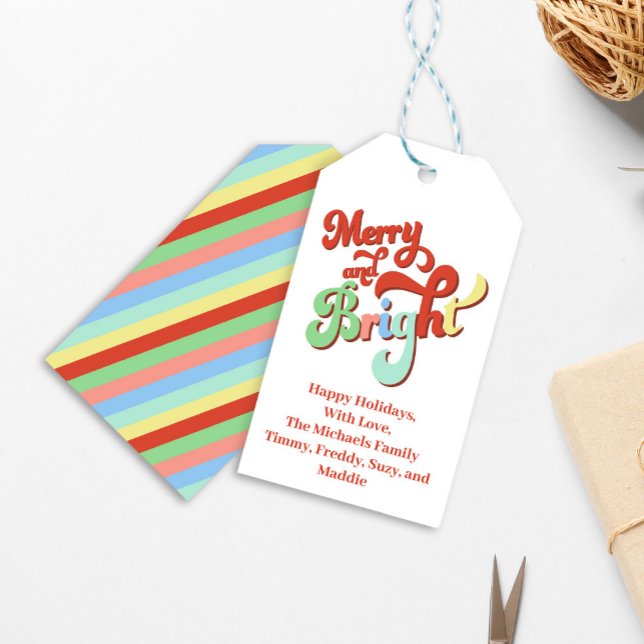 Retro Merry och Bright Jul Anpassningsbar Presentetikett (Merry and Bright Custom Christmas gift tag.)