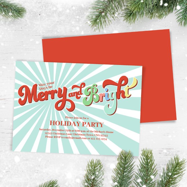 Retro Merry och Bright jul Party Inbjudningar (Merry and Bright retro typography script Christmas party invitation. )