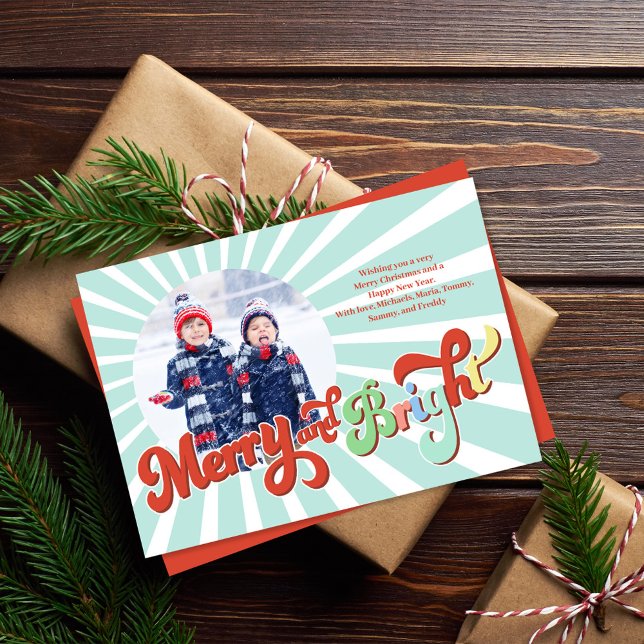 Retro Merry och Bright Photo jul Julkort (Merry and Bright Christmas holiday photo card.)