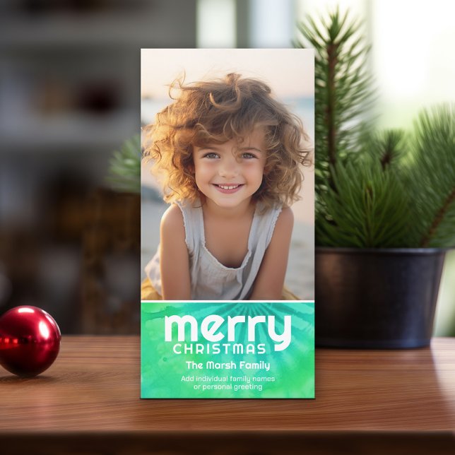 Retro MERRY - Tie-Dye Teal - 1 foto - 70:s Vibe Julkort (Fun tie dye design for a colorful Christmas holiday card.)