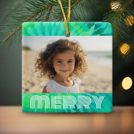 Retro MERRY - Tie-Dye Teal - Photo - 70 s Vibe Julgransprydnad Keramik