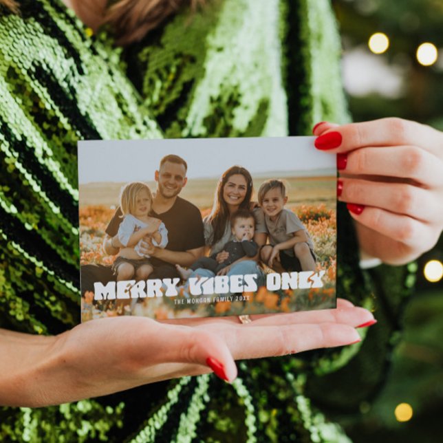 Retro Merry Vibes Endast Helgdag julkort Tack Kort (Retro Merry Vibes Only Holiday Card with Photo)