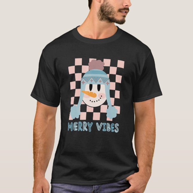 Retro Merry Vibes jul Snögubbe Groovy Lycklig H T Shirt (Framsida)