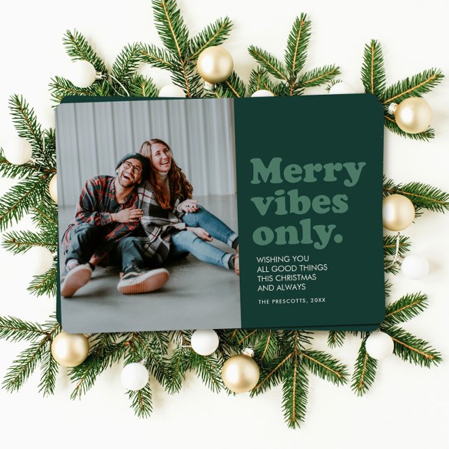 Retro Merry Vibes Only fun green photo Julkort (Skapare uppladdad)