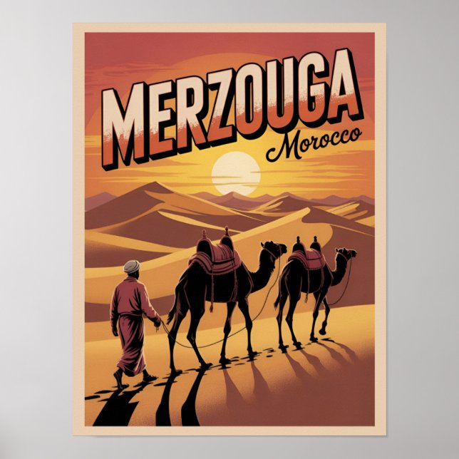 Retro Merzouga sahara camel ride morocco travel gi Poster (Framsidan)
