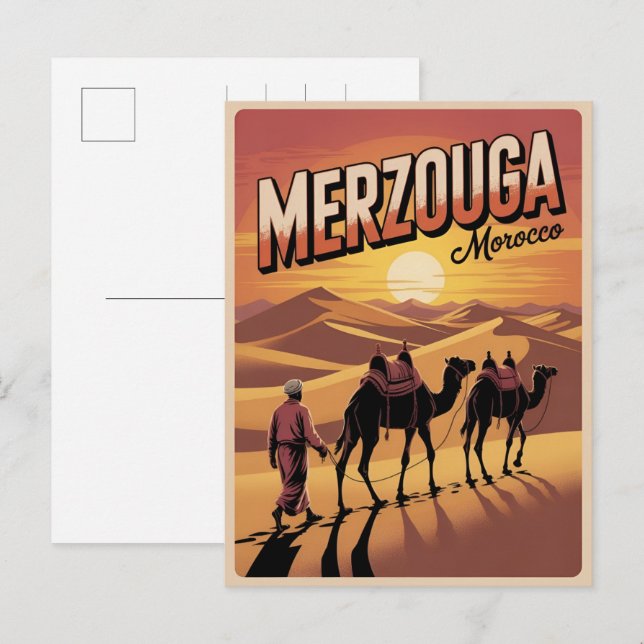 Retro Merzouga sahara kamelritt Marocko resa gi Vykort (Fram/baksida)