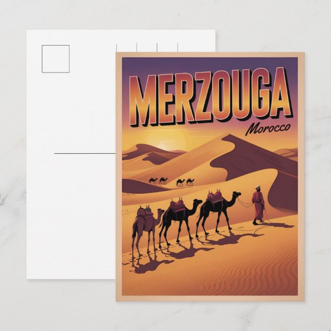 Retro Merzouga sahara kamelritt Marocko resa  Vykort (Fram/baksida)