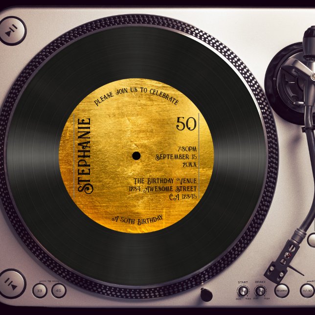 Retro Metallic Guld Record Music 50:e födelsedagen Inbjudningar (Skapare uppladdad)