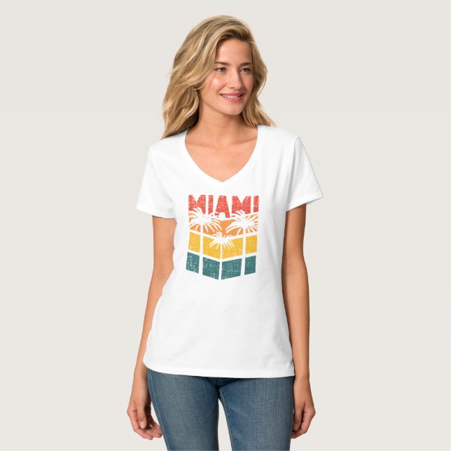 Retro Miami Florida Beach Souvenir Handflatan Träd T Shirt (Hel framsida)