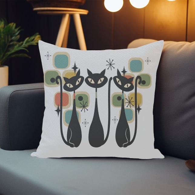 Retro Mid Century Black Atomic Cats Kudde (Retro Mid Century Black Atomic Cats Throw Pillow)