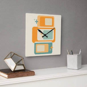Retro Mid Century Geometrisk Abstrakt Turkos Orang Fyrkantig Klocka