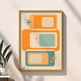 Retro Mid Century Geometrisk Abstrakt Turkos Orang Poster