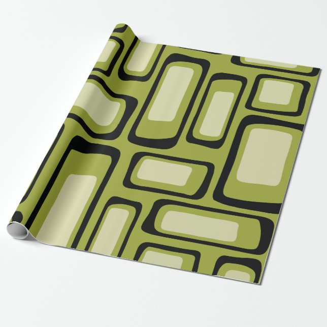 Retro Mid-Century Grön Avrundad Rektangel Grid  Presentpapper (Utrullad)