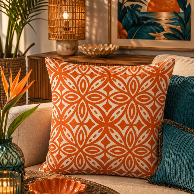 Retro Mid Century Hawaikanskt Tapa-mönster Orange Kudde (Skapare uppladdad)