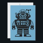 Retro Mid Century Inspirerad Robot Inbjudningar<br><div class="desc">En retro robot står mot en djupblå bakgrund, tecknad med skarpa svarta linjer som ger den en klassisk mitten av 1900-talets sci-fi-känsla. Dess kantiga kropp är fylld med geometriska paneler - en halvcirkelformad mätare, staplade knappar och tvillingcirkulära portar - vilket skapar utseendet av ett gammalt analogt styrsystem. Huvudet har runda...</div>