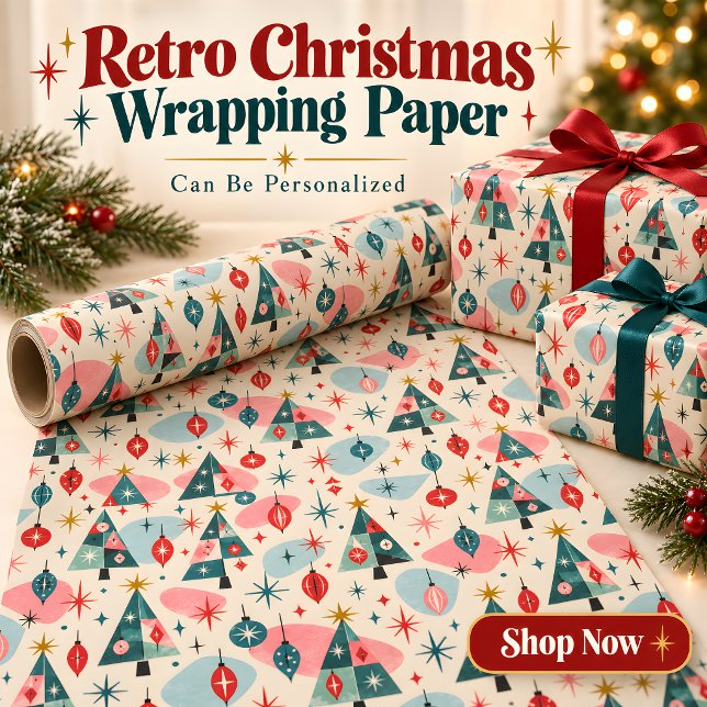 Retro Mid Century Julgranar Inpackningspapper Presentpapper (Retro Christmas Wrapping Paper | Mid Century Modern Gift Wrap)