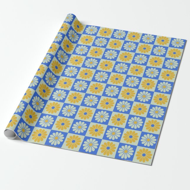 Retro Mid Century-Mod Flowers in Blue and Gult Presentpapper (Utrullad)