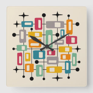 Retro Mid Century Modern Abstrakt Fyrkantig Klocka