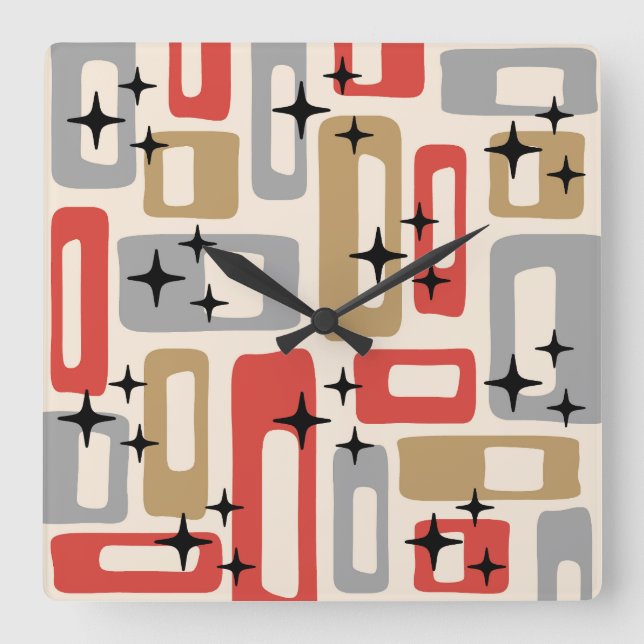 Retro Mid Century Modern Abstrakt Fyrkantig Klocka (Framsida)