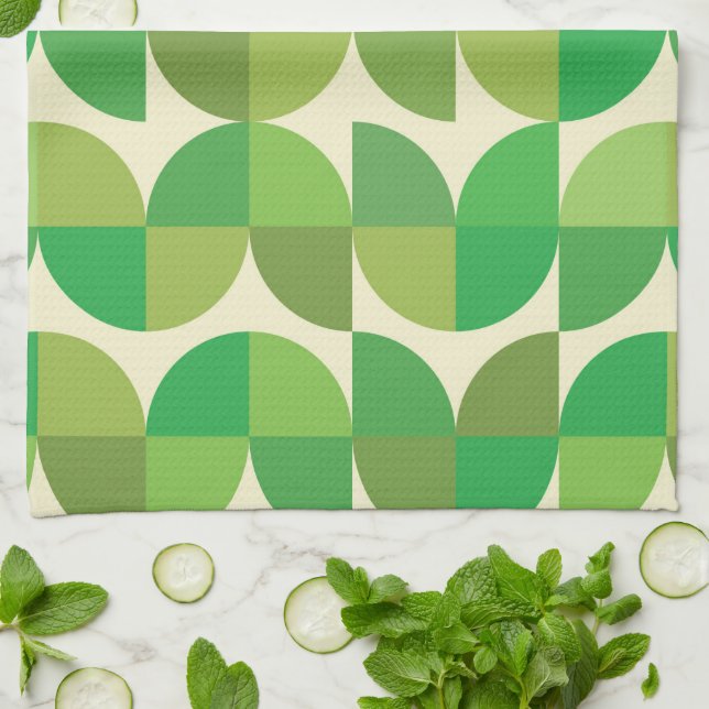 Retro Mid century Modern grön geometrisk mönster   Kökshandduk (Vikta)