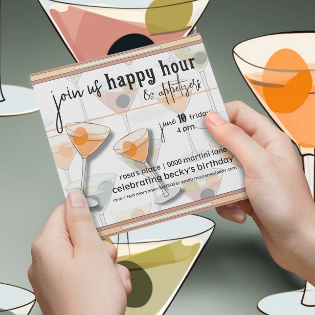 Retro Mid Century Modern Olife och Martinis Inbjudningar (Retro inspired happy birthday and happy hour customizable party invitation with martinis. )